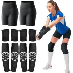 Poen 10 Pcs Volleyball Accessories, Volleyball Shorts Knee Pads and Arm Sleeves with Protection Pad Spandex Shorts for Women Youth Girls Training Dance(Medium)