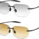 2 Pairs Rimless Bifocal Reading Anti Blue Light UV Sunglasses Far and Near Dual Use Lightweight Eyewear for Men Women, +2.00