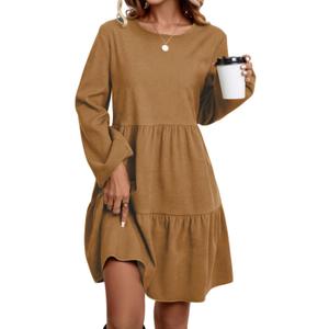 Ladies' Long-Sleeved Mid-Length Dress with a Round Neck and a Waist-Highlighting Short Style for Autumn Casual
