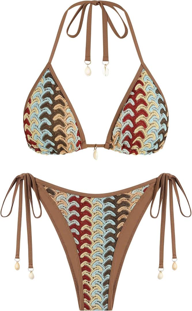 ZAFUL Women's Colorblock Stripes Triangle Halter Tied Cheeky Thong Bikini Set High Cut Two Piece Bathing Suit S