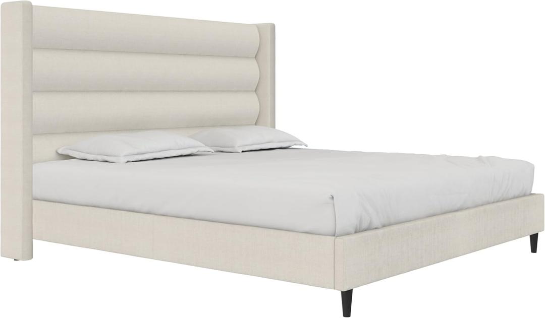 Novogratz Louis Upholstered Bed Frame with High Tufted Headboard, King, Textured Ivory Canvas