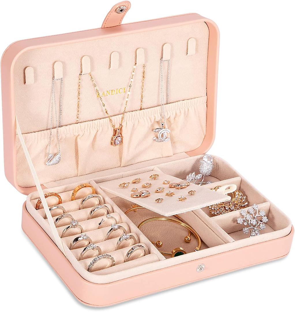 LANDICI Small Jewelry Box for Women Girls, PU Leather Travel Jewelry Case, Portable Jewelry Organizer Storage Holder Display for Ring Earrings Necklace Bracelet Bangle Men Kids Gift, Pink (8.26(L)x5.5(W)x1.7(H) inch)