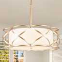 17.71" Drum Chandeliers, Gold Chandelier for Dining Room 3-Lights Light Fixtures with White Linen Fabric Shade Hanging Lighting for Entryway Kitchen Island Foyer Bedroom