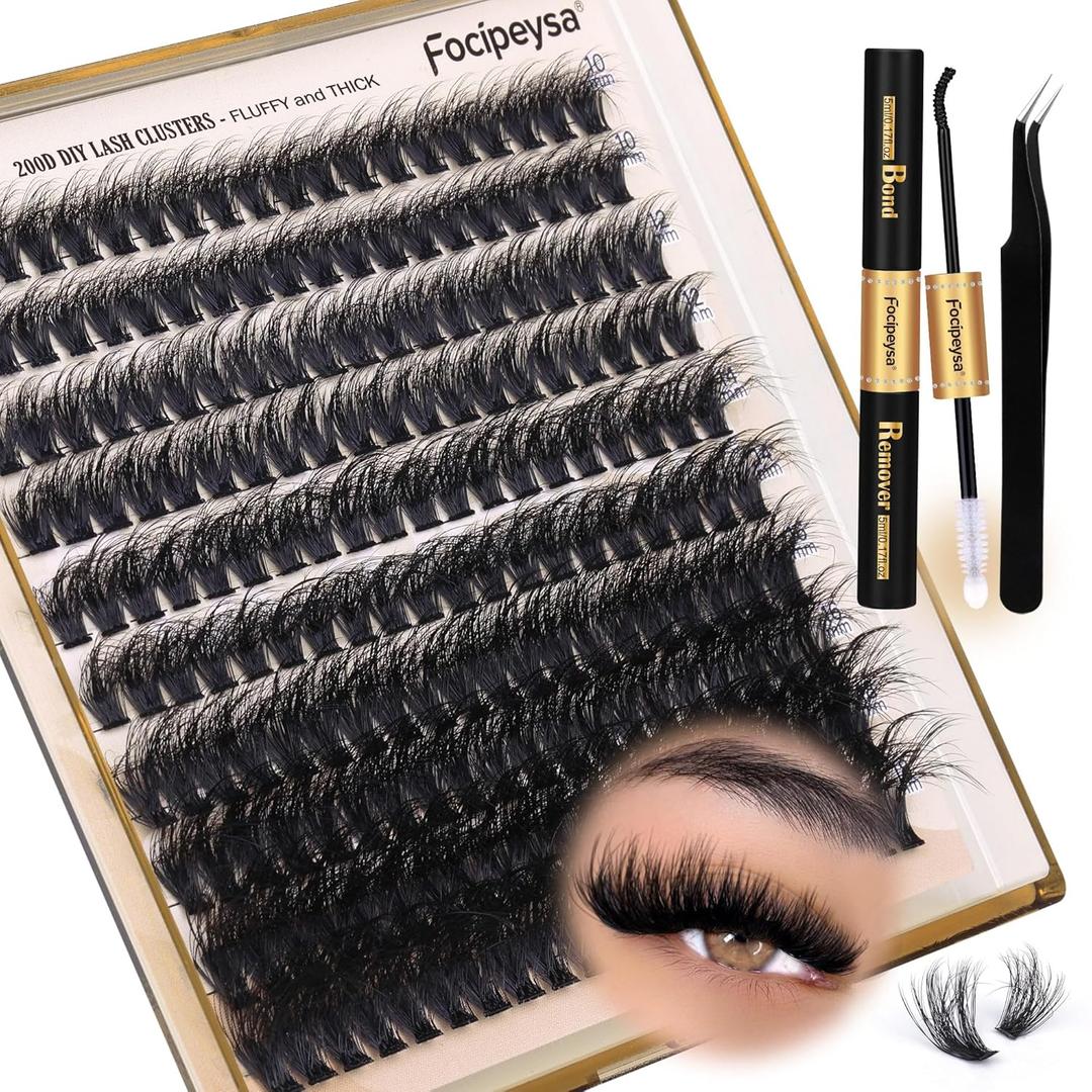 Focipeysa Lash Extension Kit Thick Eyelash Extension Kit 10-18mm Fluff Volume Lash Clusters 200D Individual Eyelashes Kit with Lash Bond, Lash Remover, Lash Applicator, DIY Lashes Extension