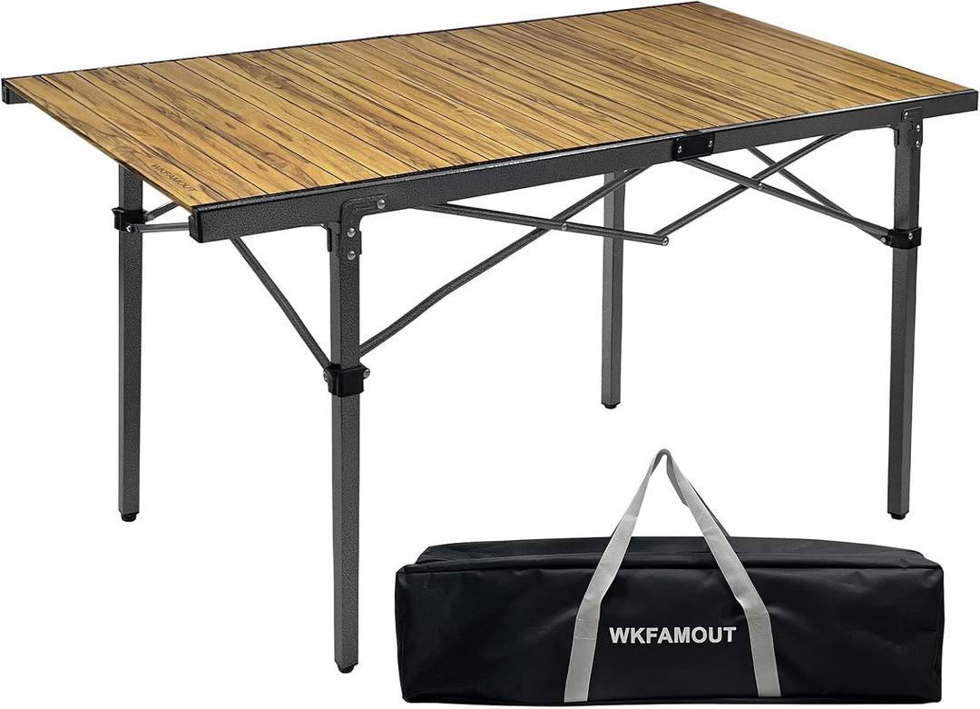 WKFMOUNT 9.9" Tall Folding Camping Table for 2-6 Person, 54.7" Large Aluminum Foldable Roll-up Table Outdoor with Carry Bag for Picnic, Camp, Sturdy, Backyard, Patio