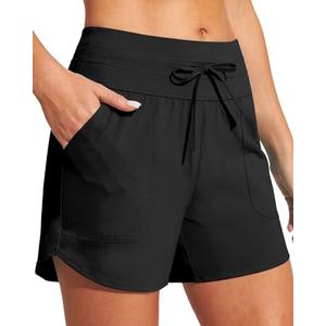IUGA Womens 5" Swim Board Shorts Stretchy High Waisted Beach Shorts for Women Quick Dry UPF 50+ Swimsuit Bottoms with Liner Black-Medium