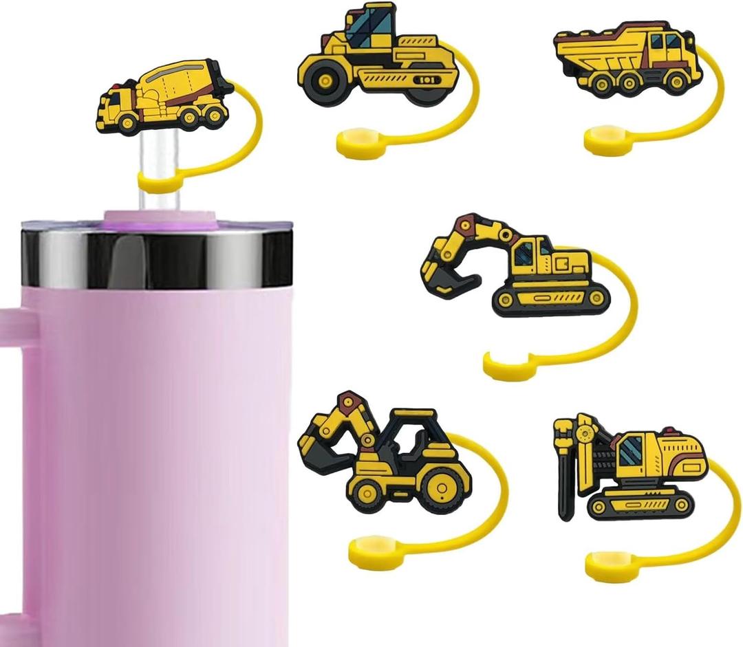 6 PCS Designed for 0.4 in/10 mm Stanley Straw Covers for 30&40 Oz Tumblers.Cute Silicone Straw Caps in Various Shapes, Engineering Vehicle