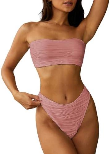 ZAFUL Women Strapless Textured Bandeau Bikini 2 Piece Swimwear Cheeky Solid Lace up Bathing Suits Size M