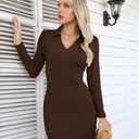 VICHYIE Women Lapel Neck Ribbed Bodycon Tight Fall Dress Long Sleeve Mid Thigh Pencil Above Knee Dresses (M)