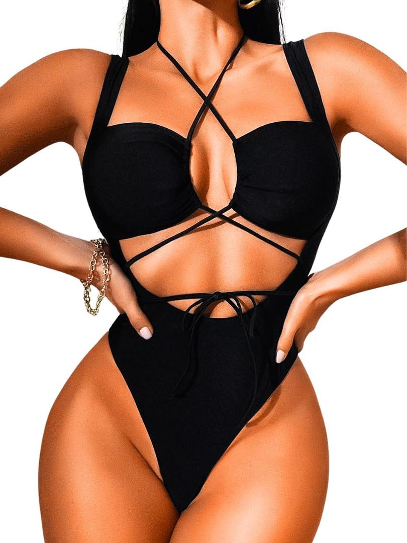 Cutout One Piece Swimsuit,Plunge High Cut Thong Sexy Monokini Bodysuit,Rave Outfit for Women Festival Pool Party (Large, Black)