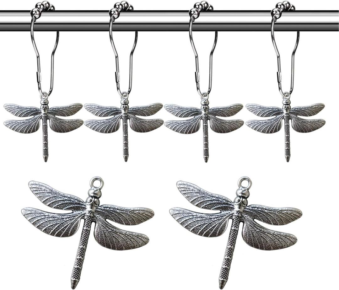 Aimoye Dragonfly Bathroom Shower Curtain Hooks - Rust Proof Shower Curain Rings,Decorative Bathroom Accessories Set, Natural Forest Garden Country Farm Theme Bathroom Decor, 12PCS (Silver)