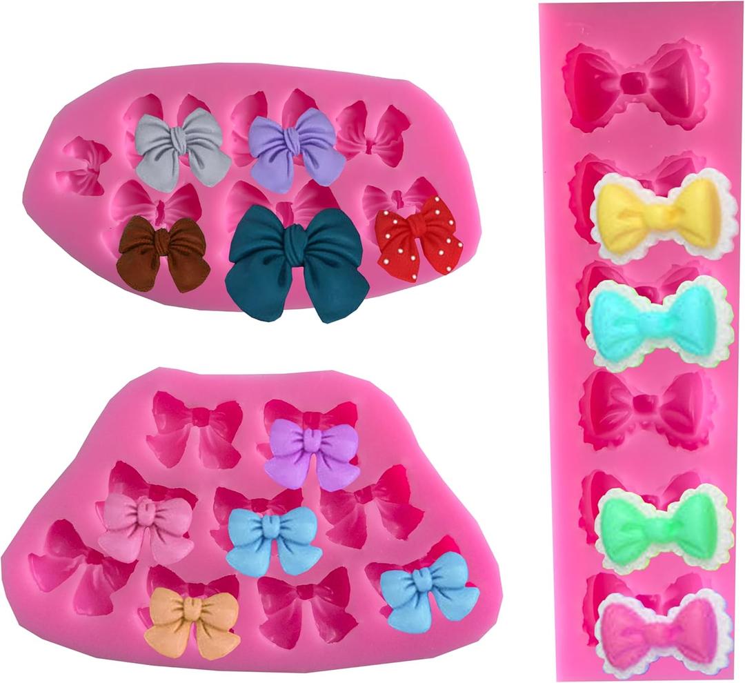 3Pcs Bows Silicone Mould, Bow Fondant Sugar Mould Craft Molds, Chocolate Sugar Candy Cake Pop for Cake Decorating, DIY Desserts, Fondant,Clay (Pink)