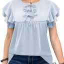 Womens Dressy Casual Shirts Summer Ruffle Short Sleeve Work Blouses Hidden Button Crewneck Cute Bow Tie Front Tops (Blue, M)
