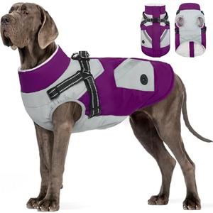 FUAMEY Dog Winter Jackets for Large Dogs,Dog Coat with Harness Built in,Waterproof Dogs Snowsuits Warm Pet Jacket Zip Up Fleece Cold Weather Coats Reflective Puppy Vest with Pocket Purple 3XL