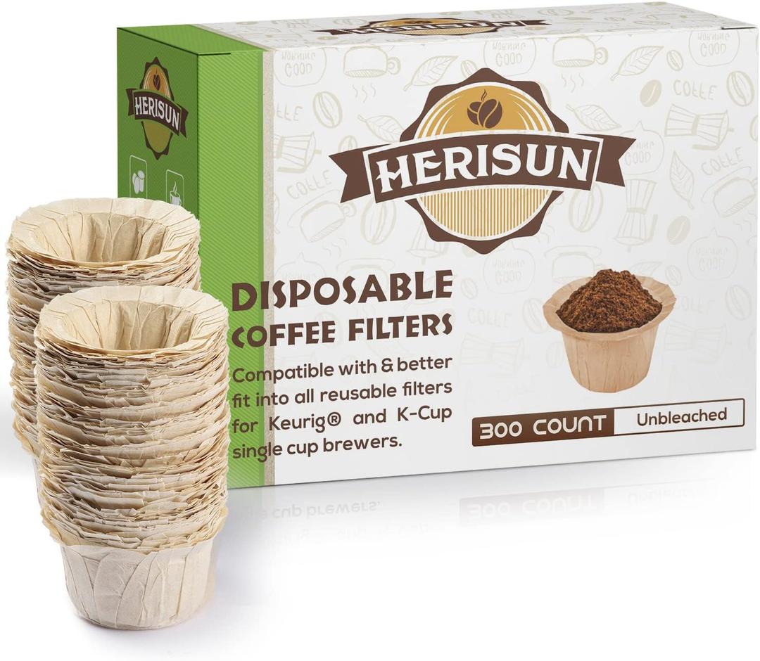 HERISUN 300 Count Disposable K Cup Filters, Coffee Filter Paper for Keurig Brewers Single Serve 1.0 and 2.0, Use with Resusable K Cup Pods (Unbleached Natural)