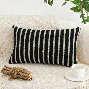 Jonhier Black Striped Lumbar Boho Throw Pillow Cover, Modern Boucle Textured Rectangle Pillowcase for Sofa Couch Bed, Neutral Farmhouse Accent Decorative Cushion Cover for Living Room, 12 x 20 inch