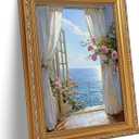 Vintage Glod Framed 3D Texture Coastal Floral Wall Art Mediterranean Beach Painting Picture Wall Decor Open Window Flower Poster Print Artwork for Bedroom Girls' Room Bathroom Home Decoration