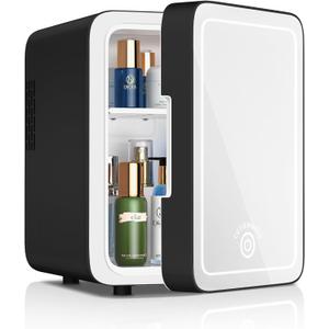 CUTIEWORLD Makeup Fridge With Dimmable LED Light Mirror, 4L Mini Fridge for Bedroom, Car, Office & Dorm, Cooler & Warmer, Portable Small Refrigerator for Cosmetics, Skin Care and Food, Black