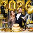 2026 Happy New Years Party Decorations, Gold Black Foil Fringe Curtains Number 2026 Party Balloons for New Year Photo Props, 2026 New Year's Eve Party SuppliesGraduation School Decor