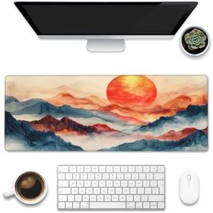 Large Gaming Mouse Pad for Desk,Watercolor Mountains and Sun Desk Mat,Abstract Golden Line Arts Desk Pad,Extended Big Computer Keyboard Mouse Pad with Non-Slip Base Stitched Edges 31.5"x11.8"
