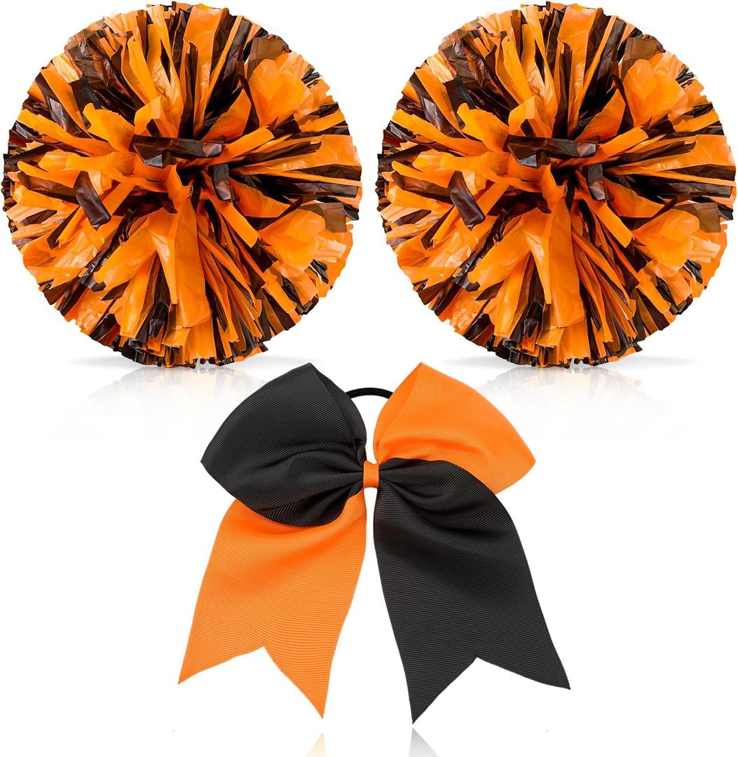 Hanaive 2 Pcs Cheerleading Pom Poms and Large Cheerleader Hair Bow Foil Pompoms Cheer for Team Cheering Squad Dance Rooters Accessories(Orange and Black,Matte)
