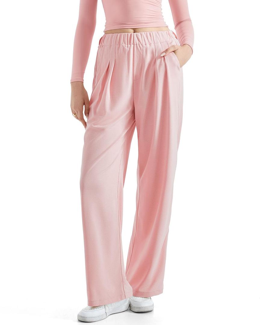 SUUKSESS Women Wide Leg Pants Elastic High Waisted Work Pants Flowy Palazzo Trouser Pants (Navy, M) (M)