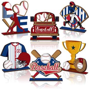 6 Pcs Baseball Party Table Decorations Baseball Wood Table Centerpieces Sports Wooden Sign Tabletop Decorations for Fans Club Sport Party Birthday Home School Desk Shelves Tiered Tray Decor