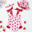 Renotemy Baby Girl Swimsuit Toddler Girls One-Piece Swimsuit Summer Beach Bikini Girl Bathing Suits with Hat 0-24 Month (Strawberry)