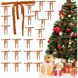 2 x 24Pcs Velvet Ribbon Bows for Christmas Tree, Christmas Wreath Bows,Vintage Rustic Ornaments for Garland, Wreath, Gift Wrapping, Treat Bags and DIY Holiday Decorations (5" x 7") (Camel)