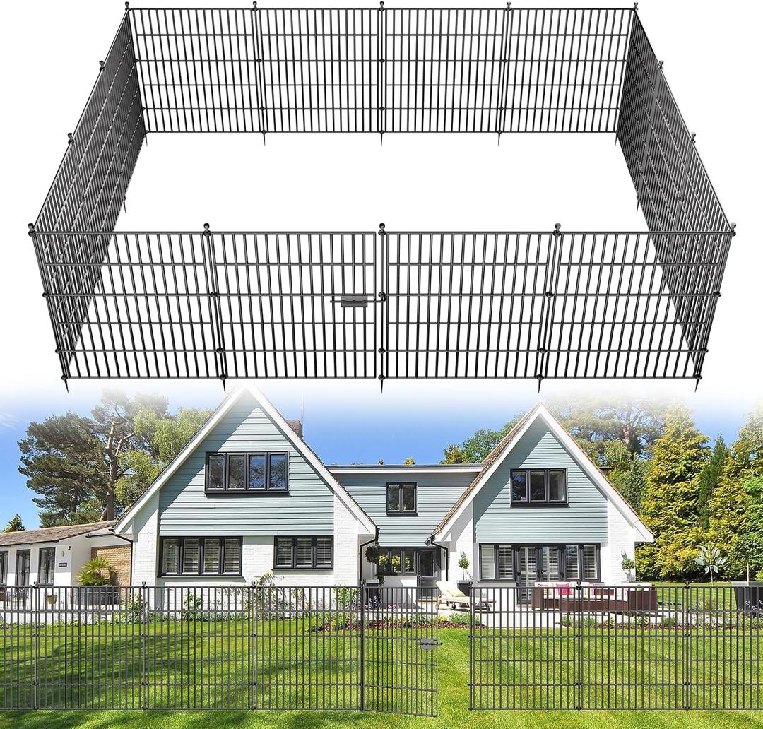 15 Panels No Dig Decorative Outdoor Garden Fence with Gate for Yard, 32 in(H) X 35.4 ft(L) Animal Barrier Fencing Rustproof Metal Wire Panel Border for Dog, Rabbits, and Patio Temporary Ground Stakes