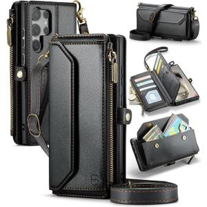Wallet Case Compatible with Samsung Galaxy S24 Ultra 5G RFID Blocking 10-Card Holder Soft PU Leather Magnetic Snap Strap Zipper Pocket Phone Case Fit for Galaxy S24 Ultra - Black