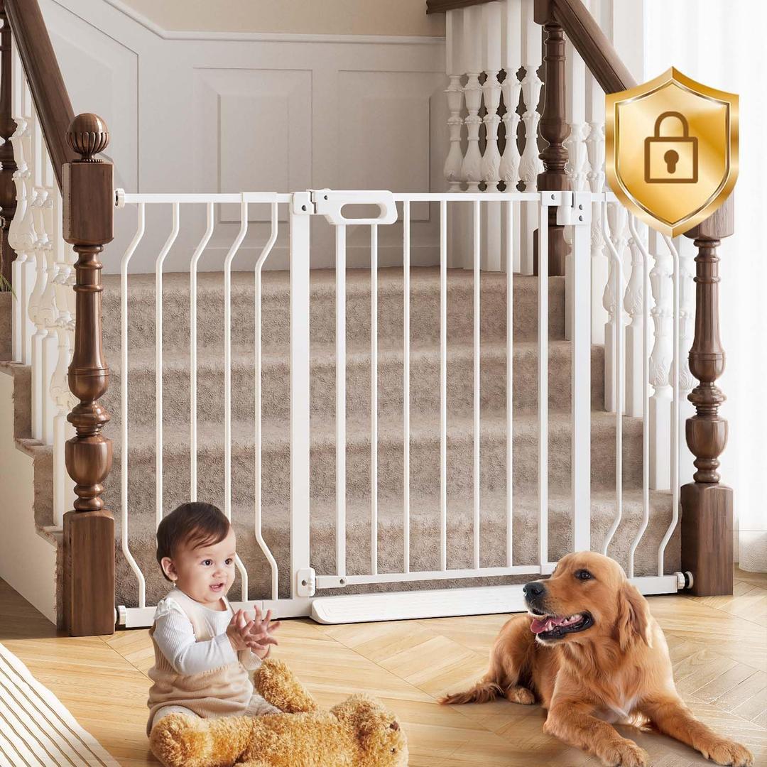 Mom's Choice-GROWNSY Baby Gate for Stairs, 29.5"-48.4" Pressure Mounted Baby Gate for Top of Stair&Doorway with V-Shaped Rods, Anti-Trip Pedal, Extra Wide Stairs Dog Gate Easy Install w/Red Reminder, White