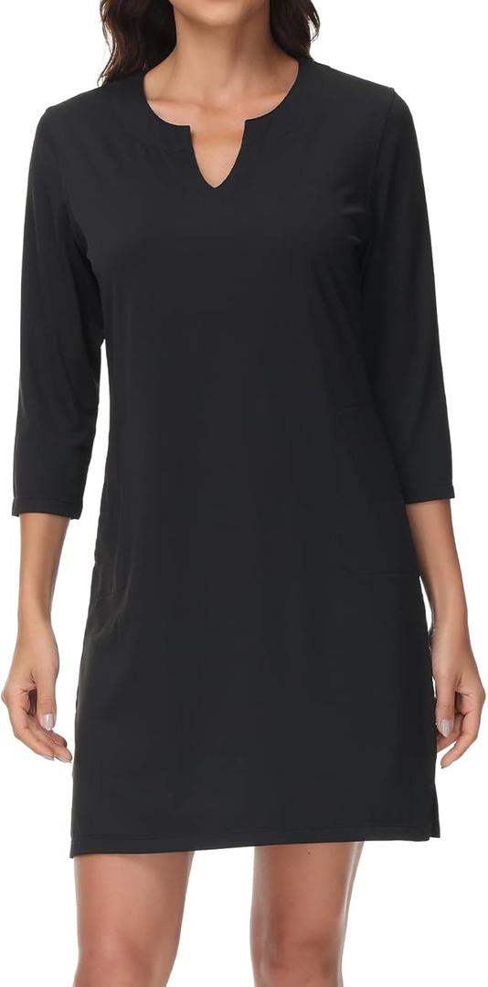 Lightbare Women’s 3/4 Sleeve Dress with Pockets UPF 50+ Casual Sun Dress Breathable Quick Dry for Beach Hiking Outdoors Party (M, Black)