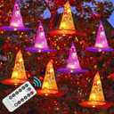 FUNPENY 2 Pack Halloween Decoration Lights, 8 PCS Waterproof Hanging Witch Hat with String Lights with Remote, Hanging Halloween Decorations for Indoor Outdoor Garden Yard Party Decor (Purple and Orange)