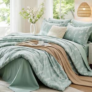 MUXHOMO Full Comforter Set, Sage Green Elegant Floral Print Bed in a Bag 7 Pieces, Ultra Soft & Breathable Reversible Botanical Pattern Bedding Set with Comforter, Sheets, Pillowcases, and Shams
