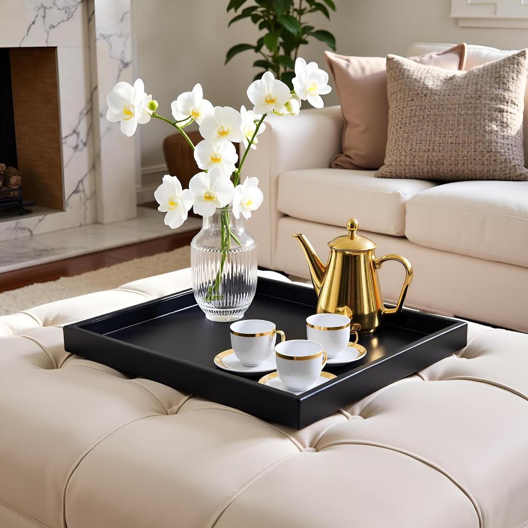 20 x 20 inches Luxury Leather Square Oversized Service Tray, Ottoman & Coffee Tray for Family Dinner, Out-of-House Picnic & Party (Black)