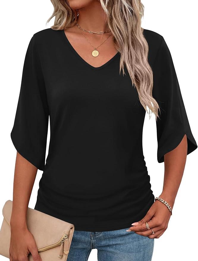 Micoson Womens 3/4 Sleeve Tops Dressy Casual Ruched Blouses Summer Tops V Neck Work Clothes, XXL