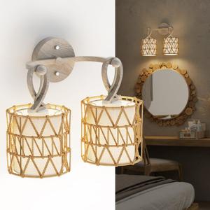 N12-3 Two-Lights Boho Rattan Wall Sconce - Vanity Lights Fixtures for Mirror, Cross-Woven Shade & Hardwired Wall Lamp with Woodgrain Metal Frame, E26 Bulb Base