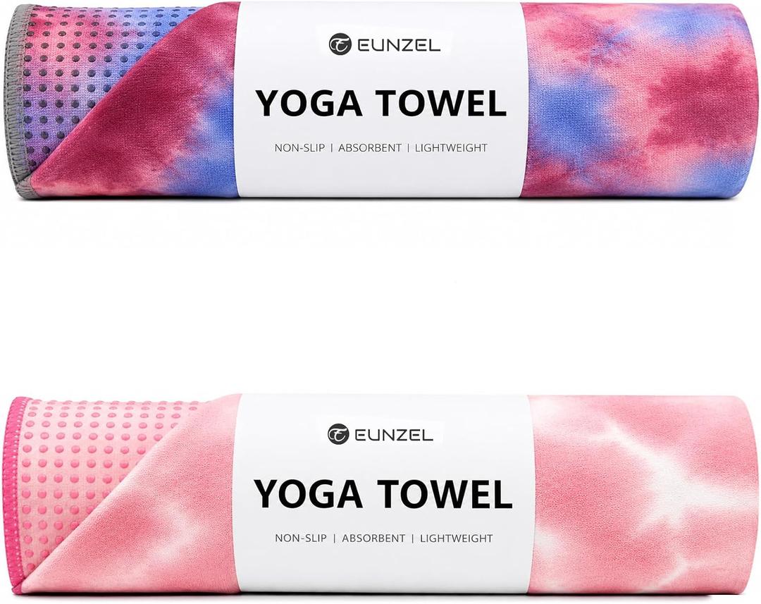 Eunzel 2 Pack Yoga Towel,Hot Yoga Mat Towel with Grip Dots Sweat Absorbent Non-Slip for Hot Yoga, Pilates and Workout 24" x72, Coral Sunrise & Azure Twilight