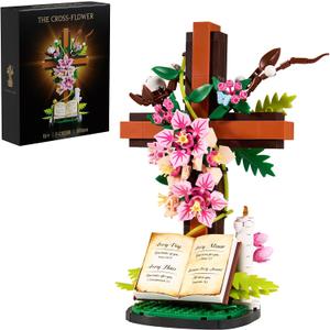 Jesus Cross Flower Building Set, Religious Cross Collectibles Compatible with Lego Jesus Pink Catholic Building Toys,Christian, Gift for Mother Day, Women or Adults (568 PCS)