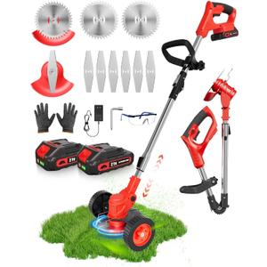 21V Cordless Weed Wacker Battery Operated, 2 X 2.0Ah Electric Weed Eater Battery Powered, Lightweight 3-in-1 Grass Trimmer/Brush Cutter/Lawn Mower with 8 Blades & Removable Moving Wheels