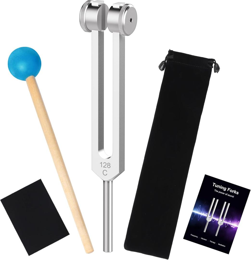 128Hz Tuning Fork, Aluminum Alloy, Includes Silicone Hammer and Storage Bag for Yoga,Meditation,Relaxation
