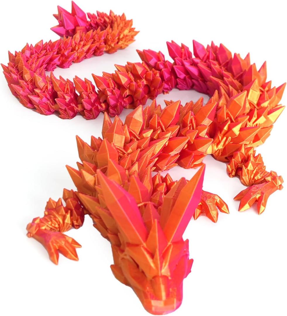 3D Printed Dragon - 24 inch Dragon Fidget Toy, Pearly Sheen Articulated Dragon, 3D Printed Gift for Birthday, Figurine Decor(Red Mix Gold