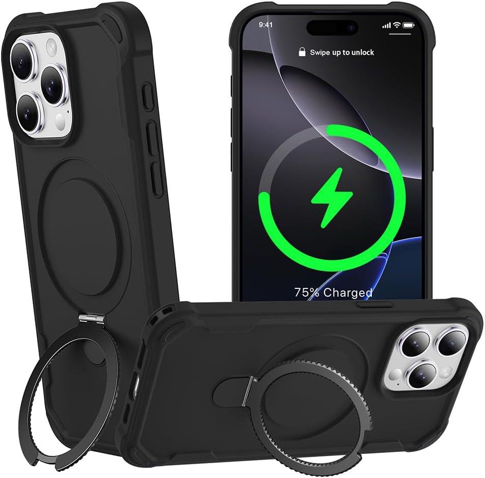 Designed for iPhone 16 Pro Case with Magnetic Stand [Military Drop Protection][Compatible with Magnet] Shockproof 16 Pro Phone Case with Ring Holder, Black