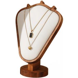 Walnut Color Body Wood Necklace Display Stand with White Leather Soft Mat Necklace Holder Organizer Desktop Stand for Home Store Dresser-3.3"x5.8"x8.4"