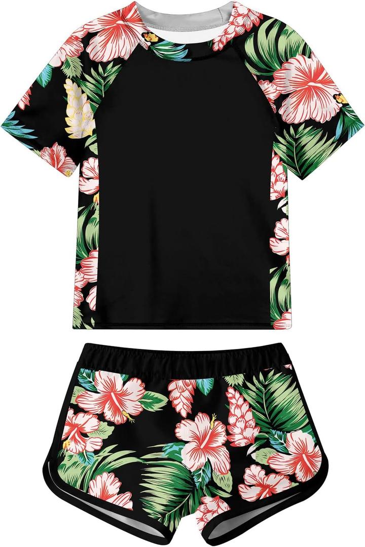ADUKIDE Girls Rash Guard Swimsuit 2-Piece Bathing Suit UPF 50+ Summer Beach Swimwear (8-9 Years, Black Flower)