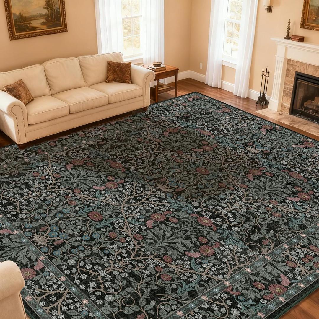 Extra Large 10x14 Area Rug for Living Room, Washable Rugs for Dining Room, Bedroom, Non Slip Stain Resistant Carpet, Low Pile Vintage Floral Rug (Dark Green)