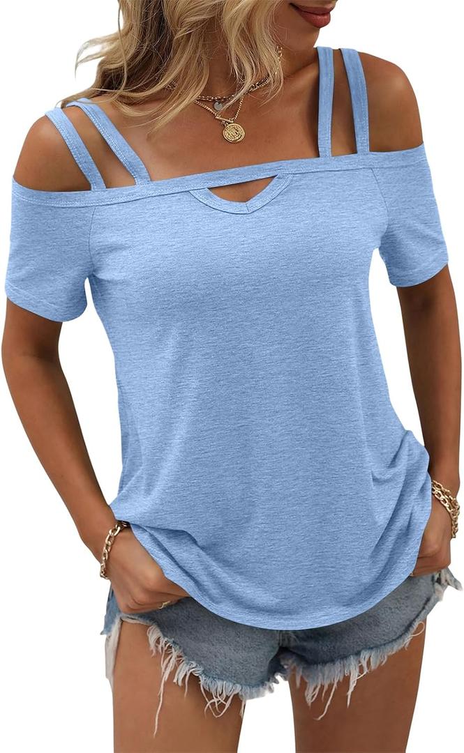 Micticsi Womens Cold Shoulder Tops for Women Summer Sexy Cut Out Tops Short Sleeve Criss Cross Casual Shirts (Blue, L)