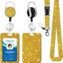Lanyard for ID Badge Holder Badge Reel Gold Glitter for Man Women Cute Nurse Teacher Name Tag Clip Retractable Keychain Heavy Duty Work Office Gifts Accessories