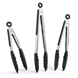 Doosu Kitchen Tongs for Cooking - 600°F Heat Resistant Food Tong Set with Non-Scratch Silicone Tips, Heavy Duty Stainless Steel Locking Tong for BBQ, Grilling Steak, Serving Salad (7+9+12in, Black)
